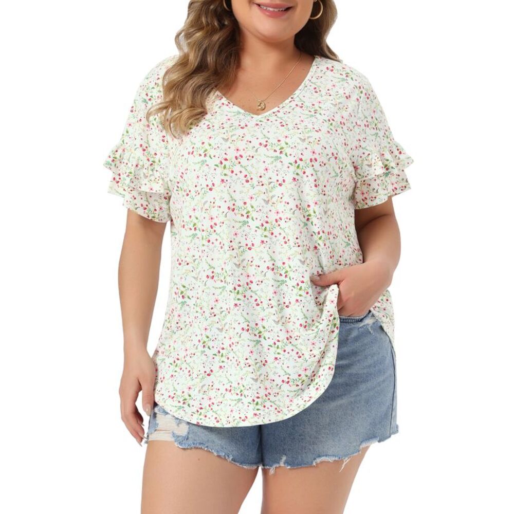Women Plus Size V Neck Ruffle Sleeve Floral Summer Blouses White